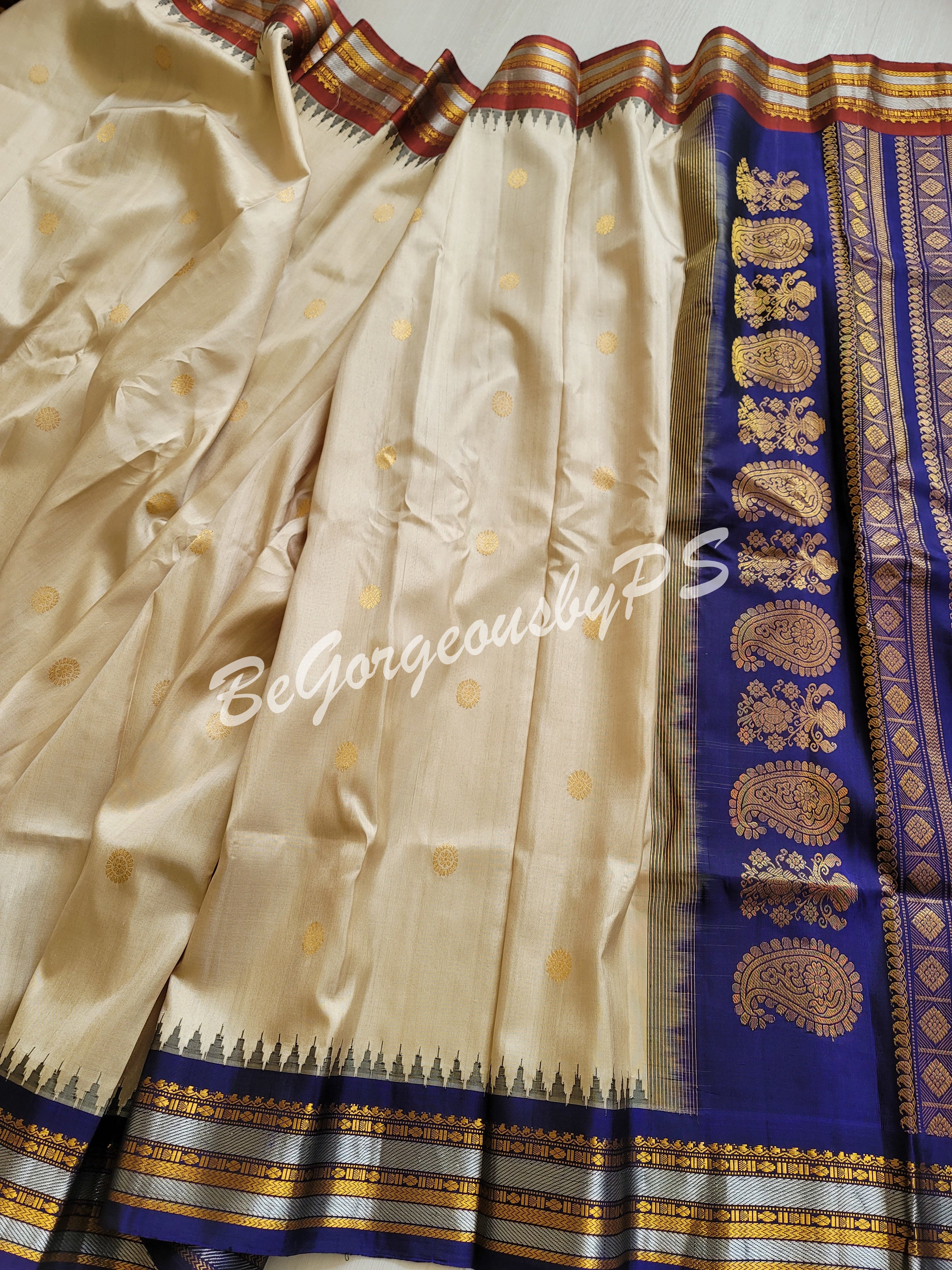 Steel Gray Pure Raw Silk Saree with Ganga Jamuna Temple Border | Silk Mark 2024 Certified | Sarees for Women | Kavyas Boutique | Ships from US