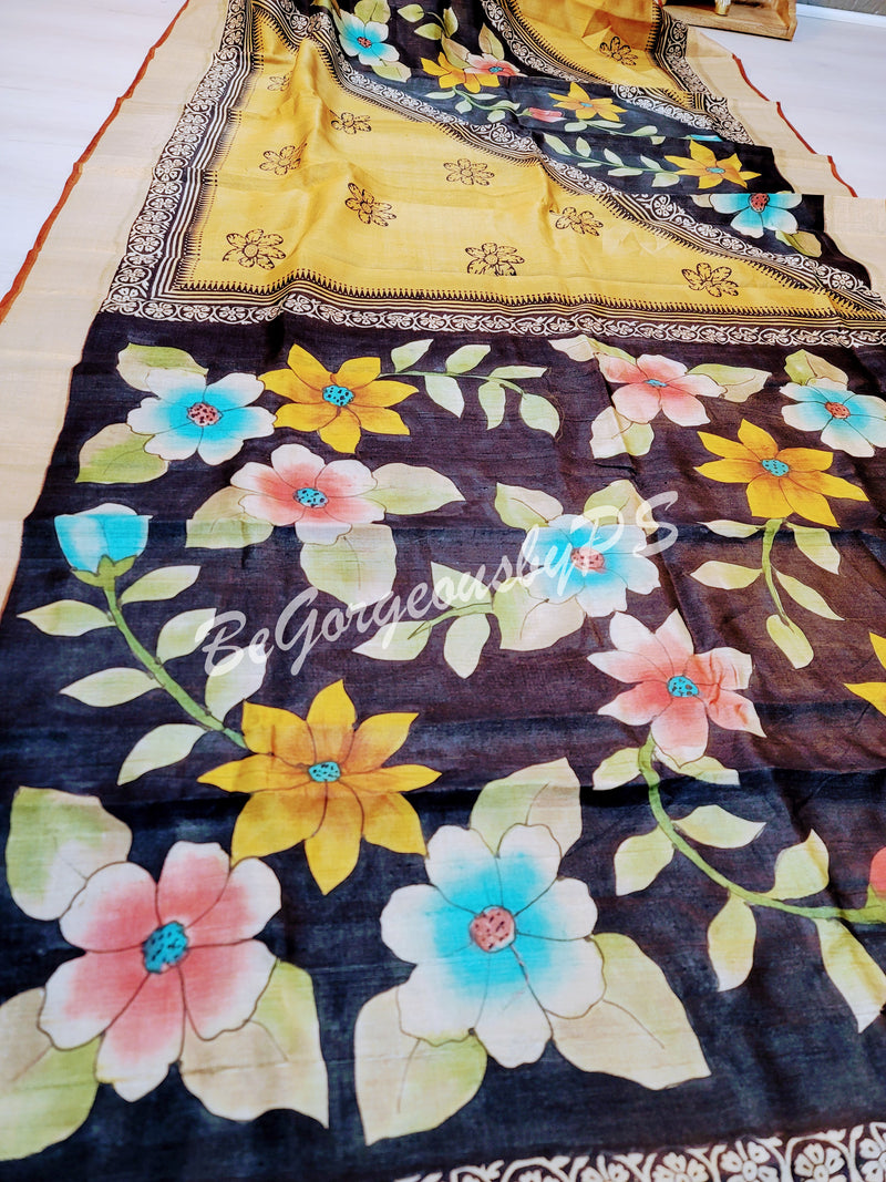 TUSSAR HAND PAINTED MUSTARD BLACK SAREE