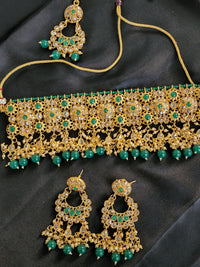 Kundan Choker Necklace Set with maangtika Green