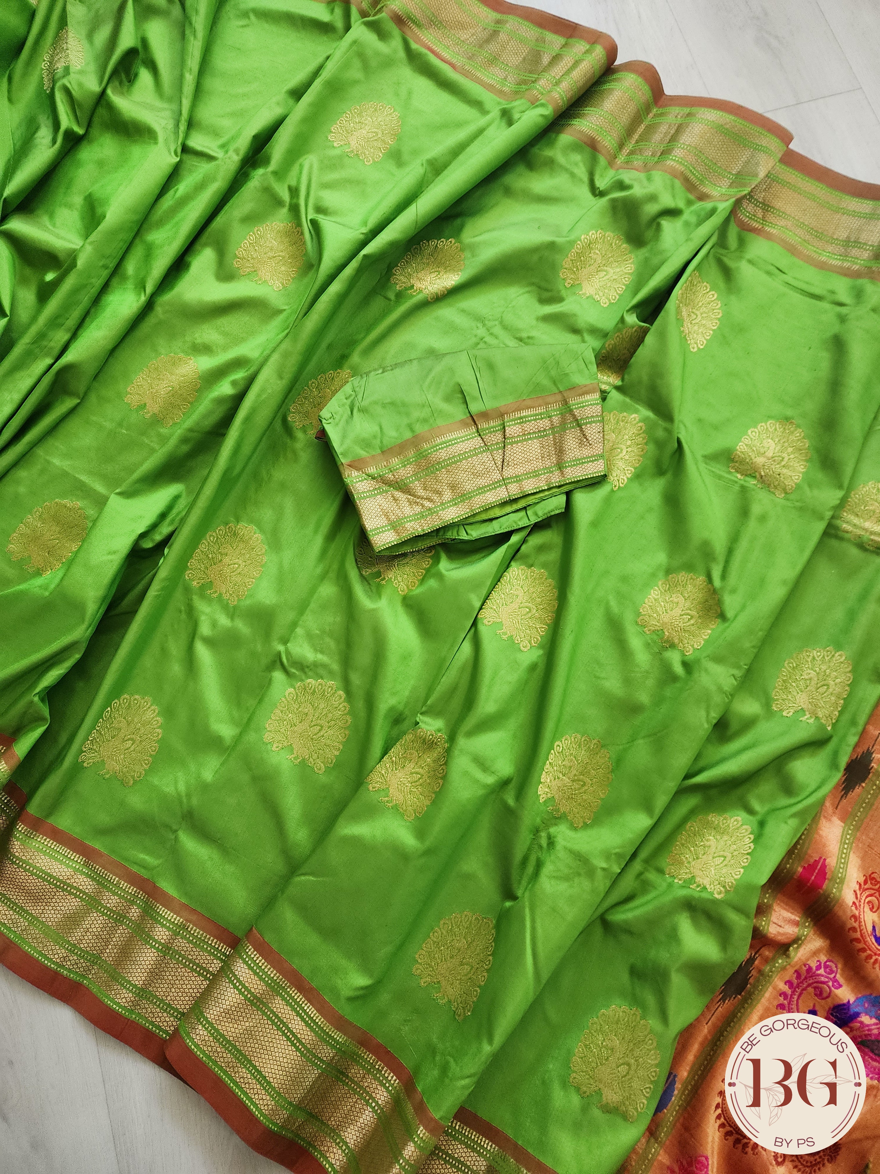 Paithani Dancing Peacock Upada Handloom - Lime Green saree color