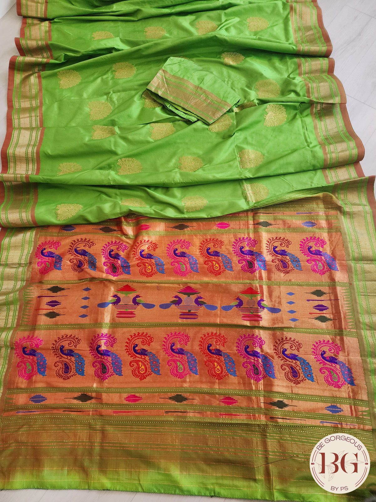 Paithani Dancing Peacock Upada Handloom - Lime Green saree color