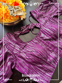 Foil work Raw Silk Puff Sleeves Blouse blouse color - purple