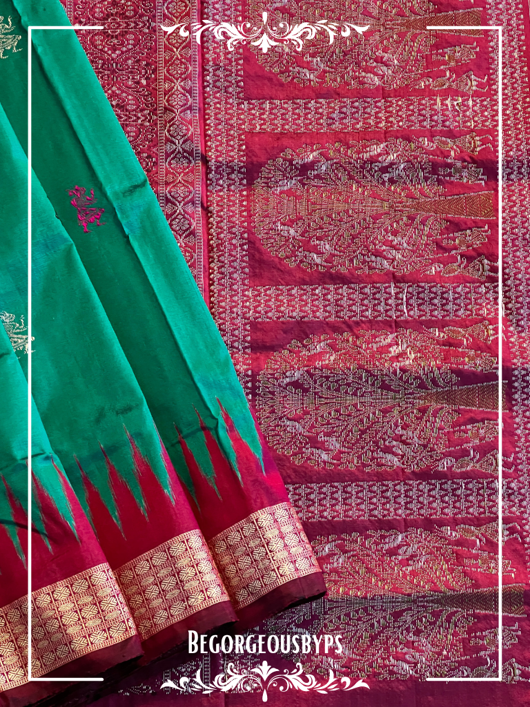 Bomkai silk Rajo doli handloom saree color - peacock green