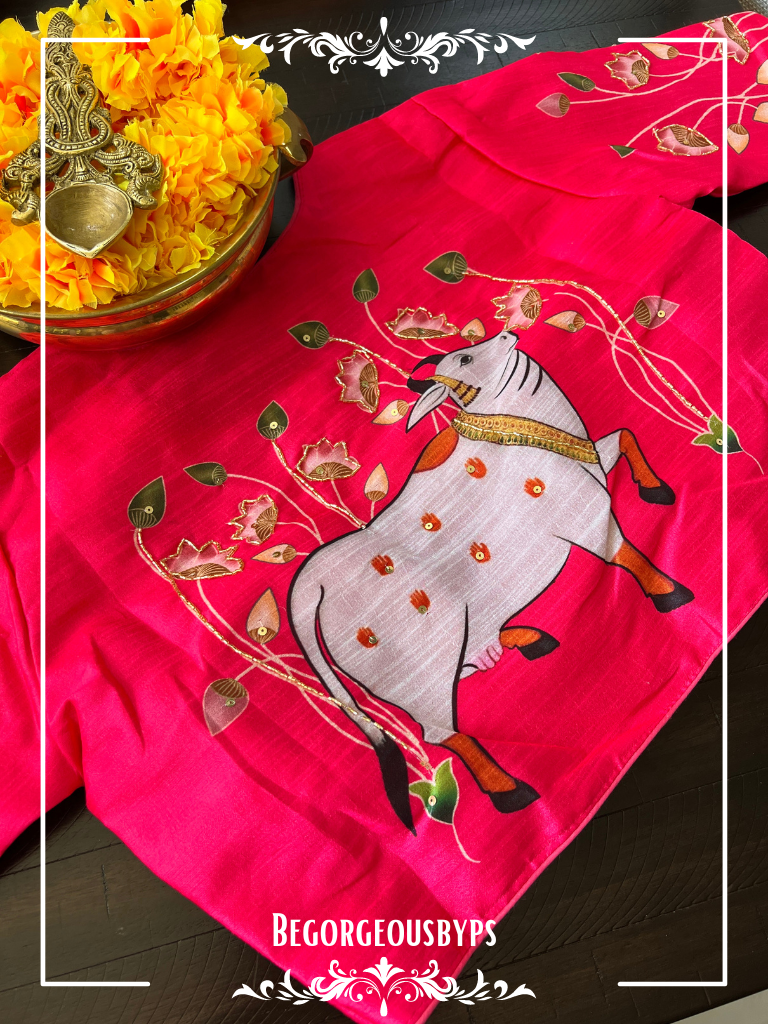 Raw Silk Cow Krishna Sleeves Front Hooks blouse color - hot pink