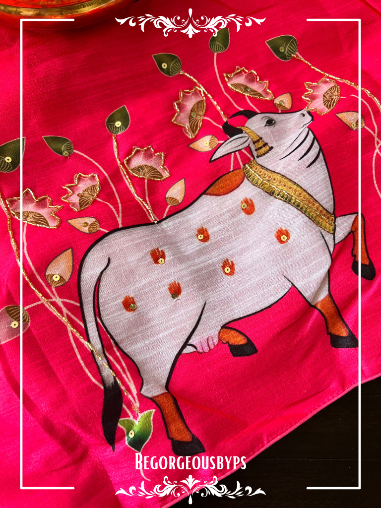 Raw Silk Cow Krishna Sleeves Front Hooks blouse color - hot pink