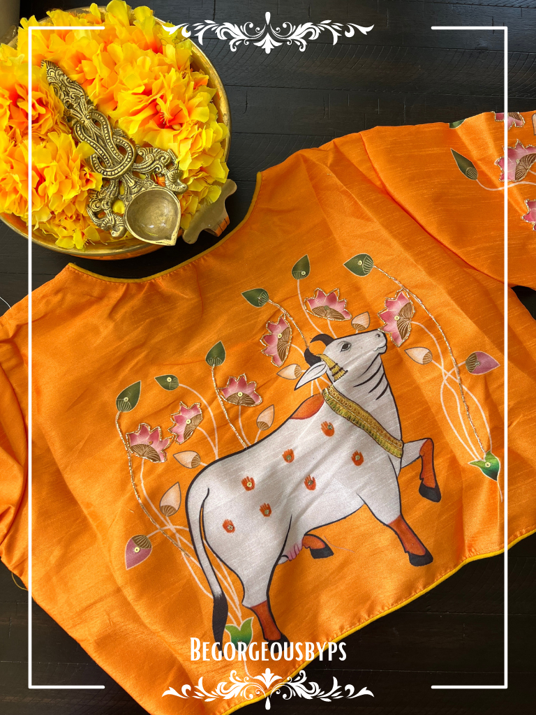 Raw Silk Cow Krishna Sleeves Front Hooks blouse color - orange