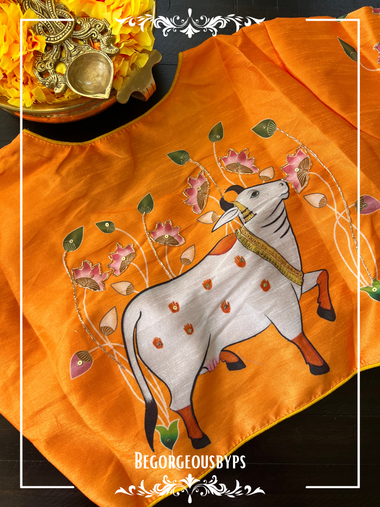 Raw Silk Cow Krishna Sleeves Front Hooks blouse color - orange