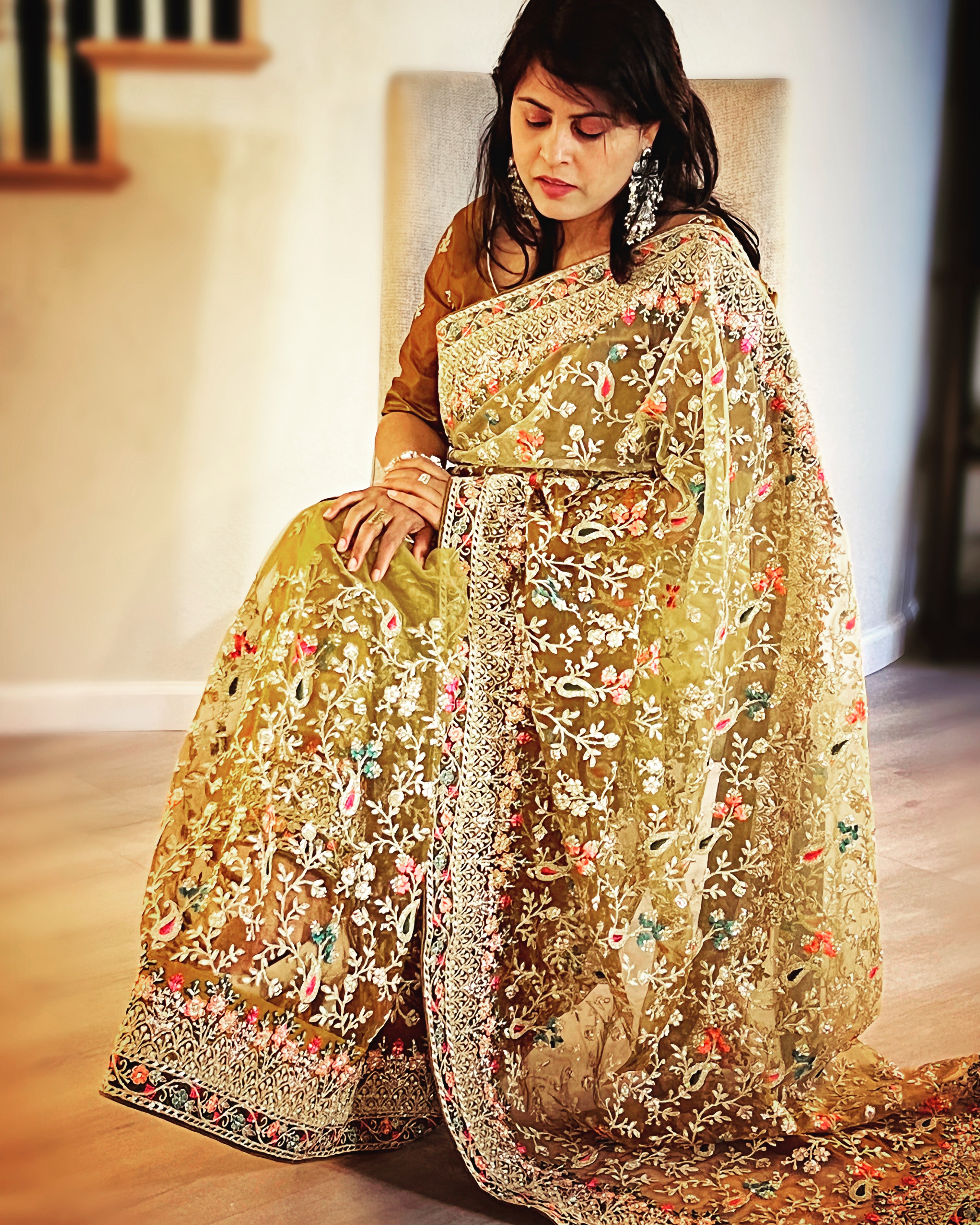 Net Saree with stone work Yellow/Golden