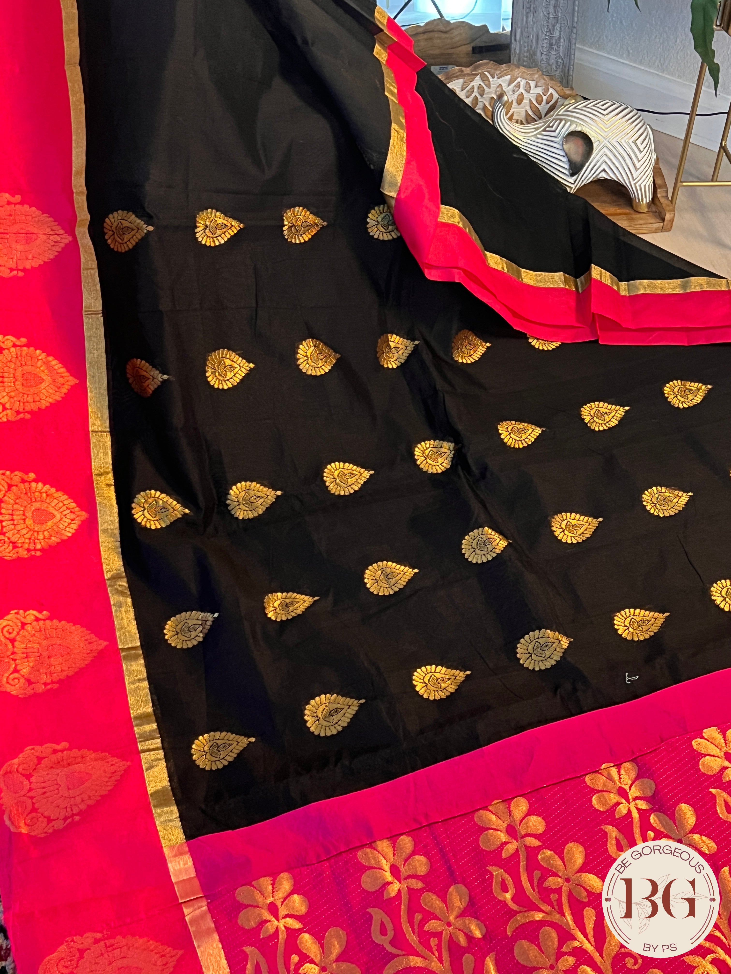 COTTON SILK SAREE WITH BEAUTIFUL WOVEN MOTIFS BLACK/PINK