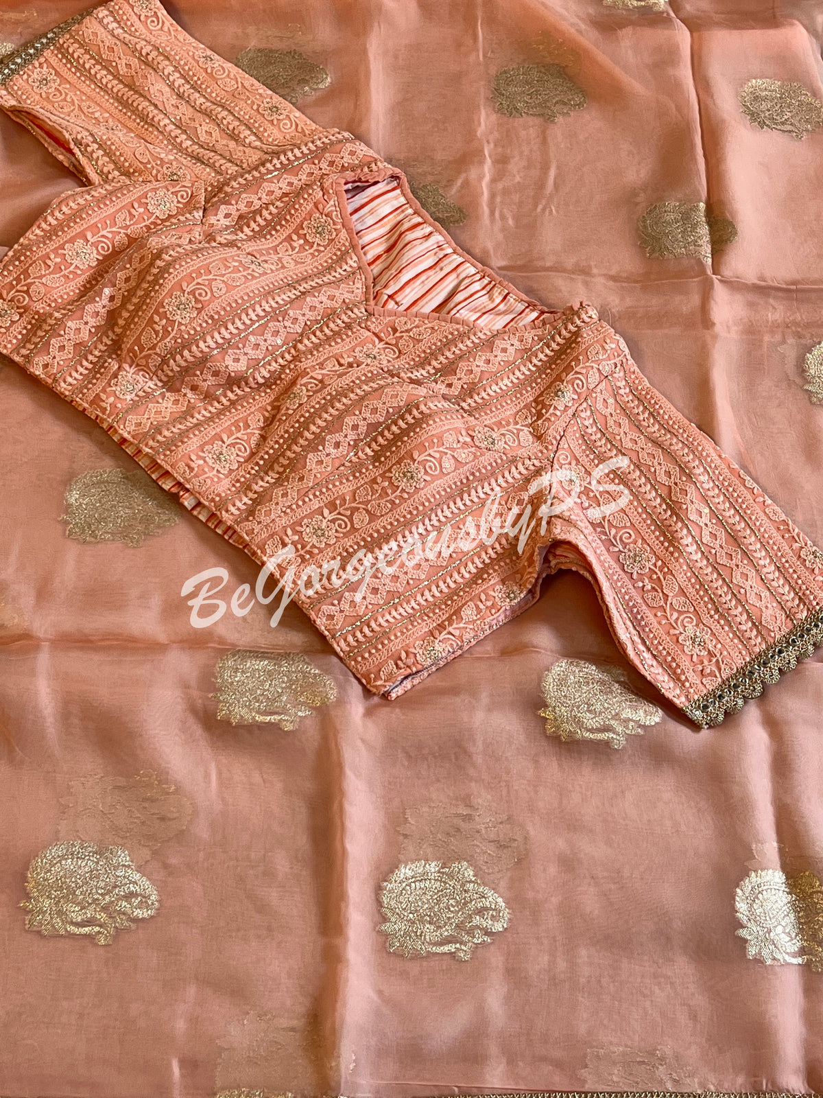 Organza wiith butta and semistitched blouse peach