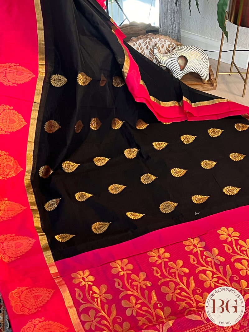 COTTON SILK SAREE WITH BEAUTIFUL WOVEN MOTIFS BLACK/PINK