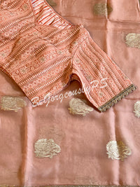 Organza wiith butta and semistitched blouse peach