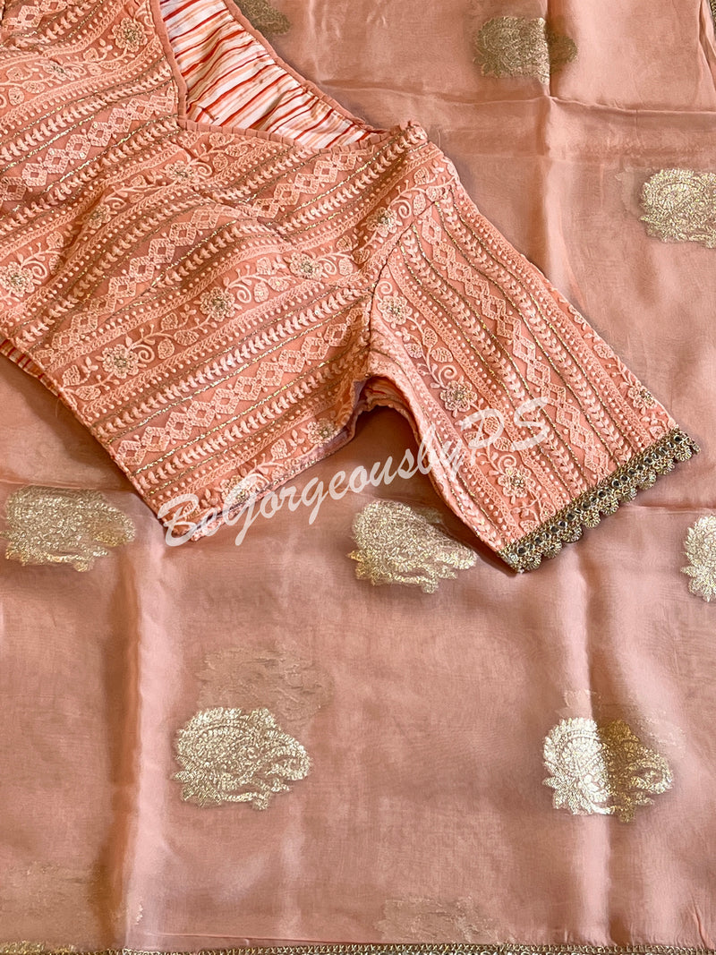 Organza wiith butta and semistitched blouse peach