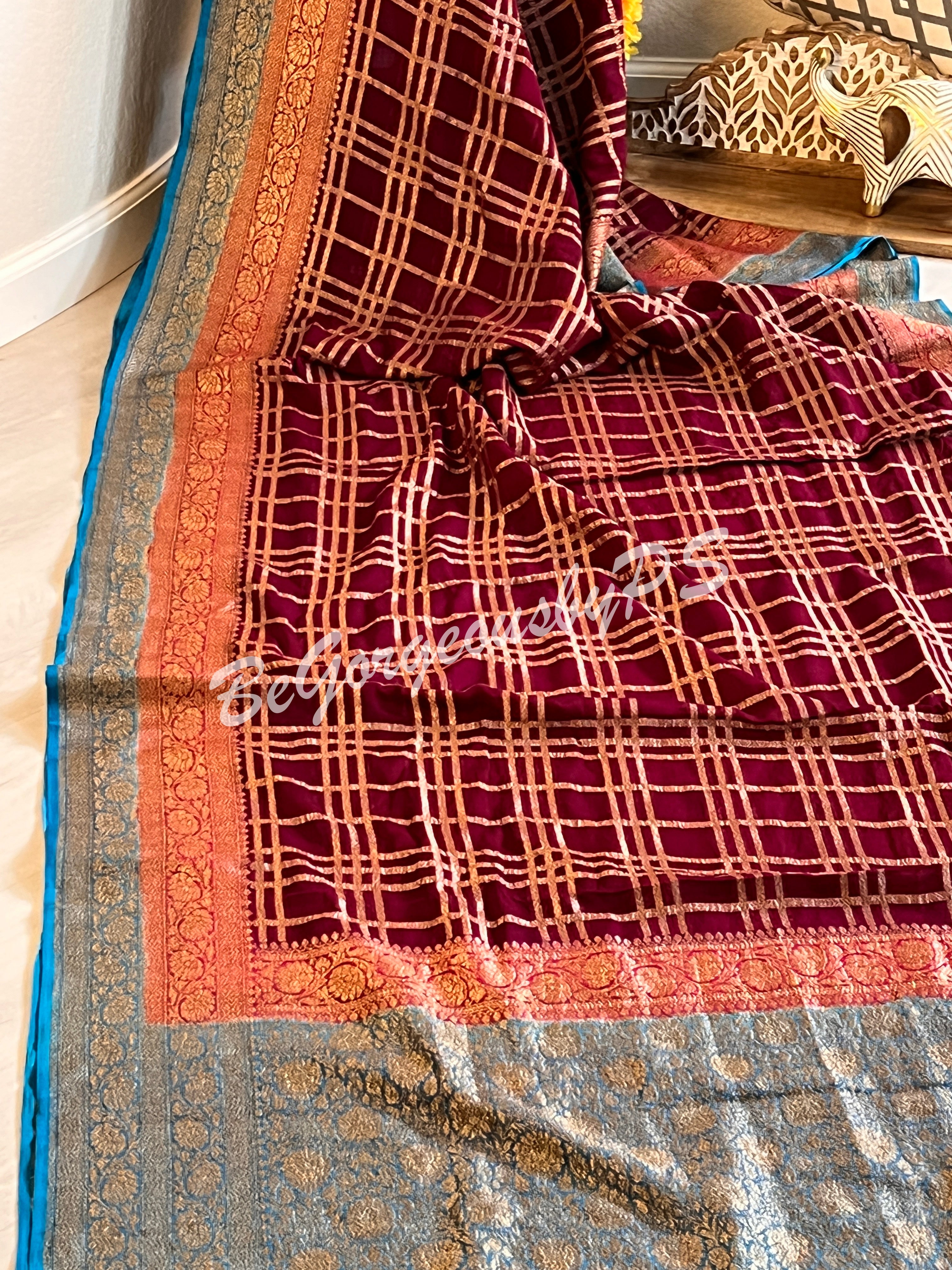 Banarasi Khaddi georgette silk with antique zari and stitched blouse - wine