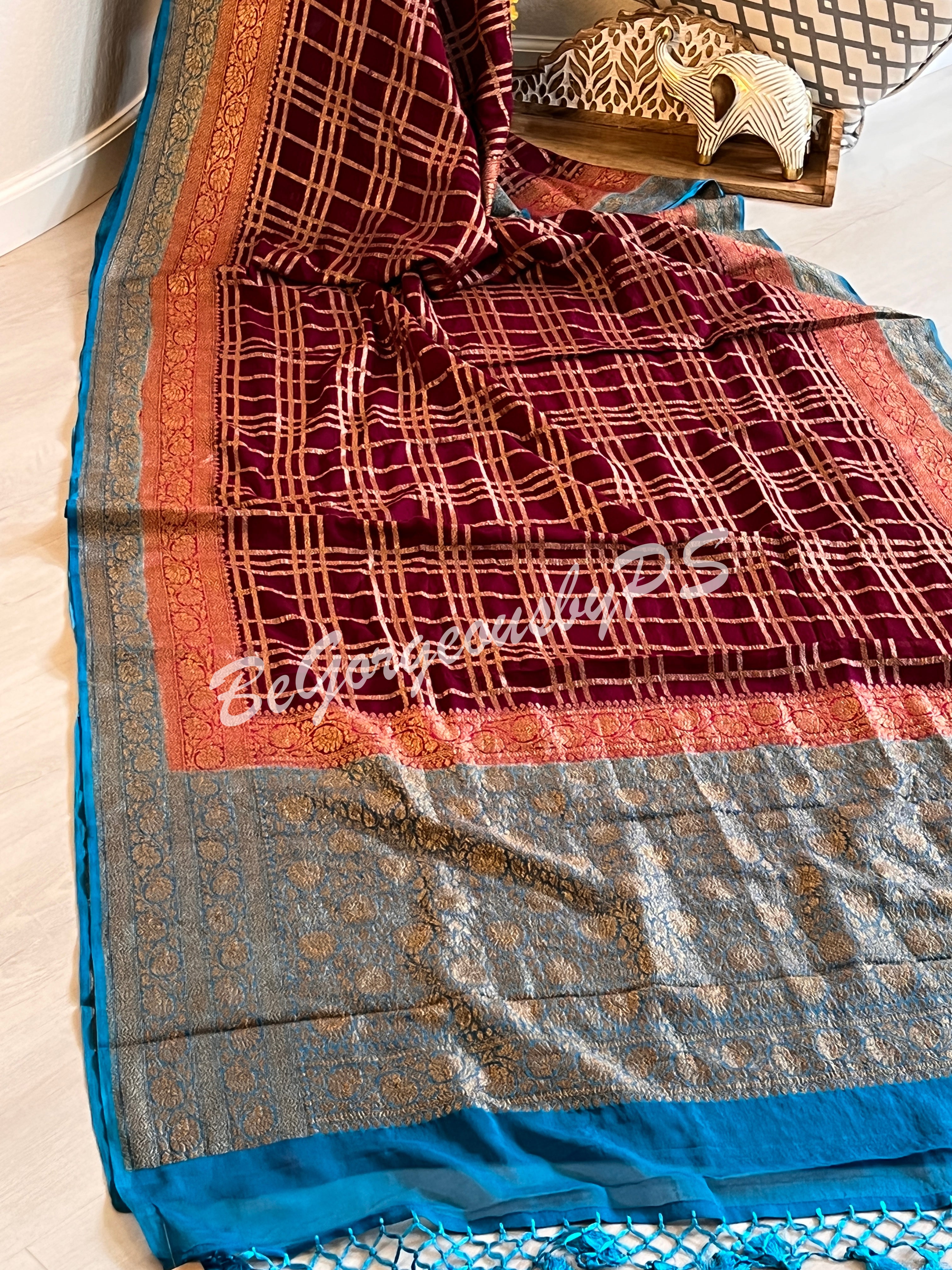 Banarasi Khaddi georgette silk with antique zari and stitched blouse - wine