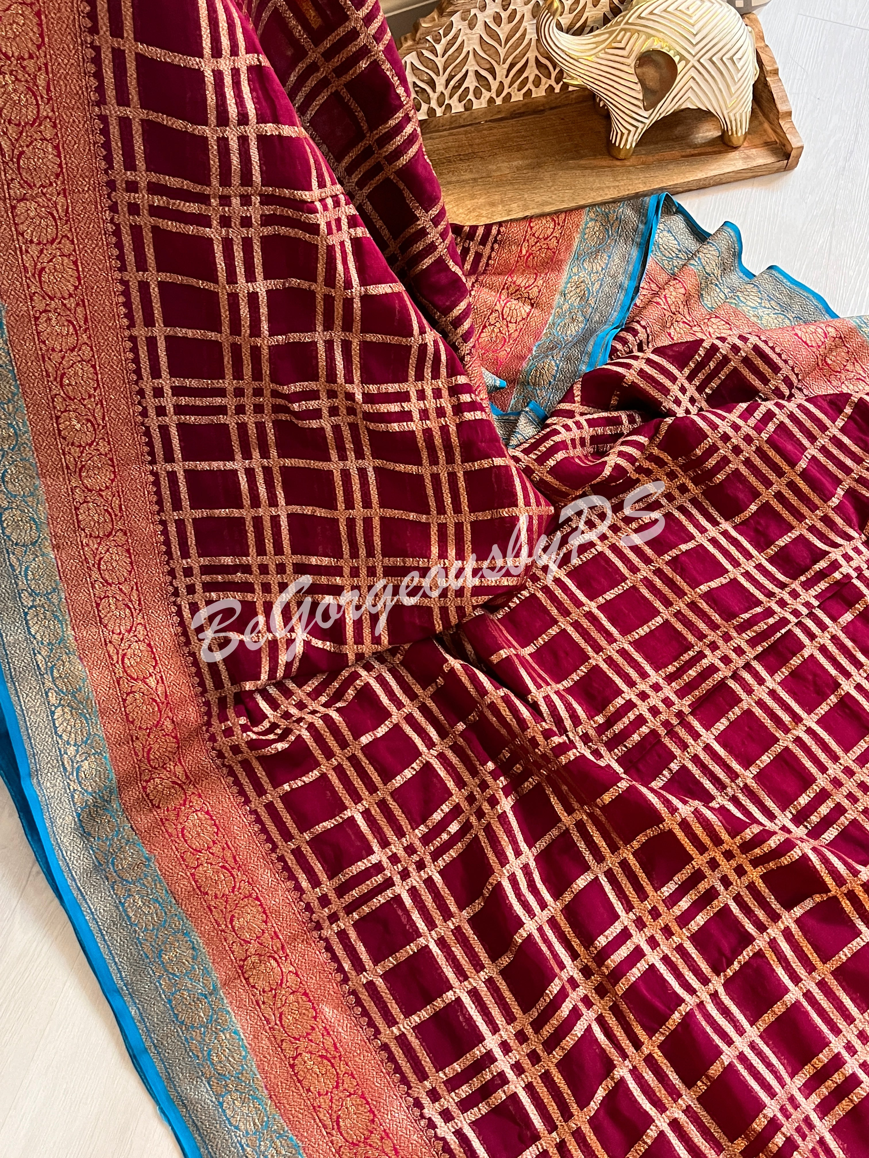 Banarasi Khaddi georgette silk with antique zari and stitched blouse - wine