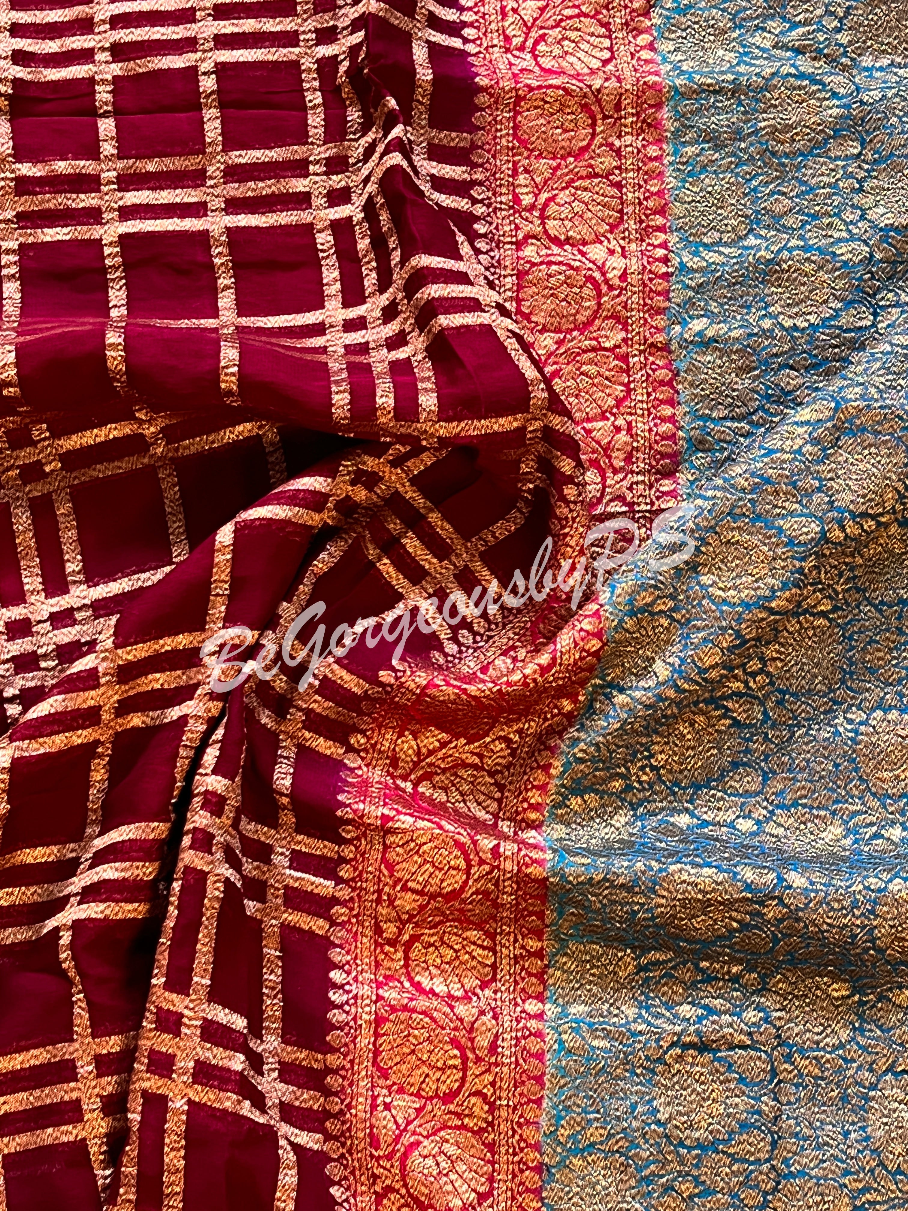 Banarasi Khaddi georgette silk with antique zari and stitched blouse - wine