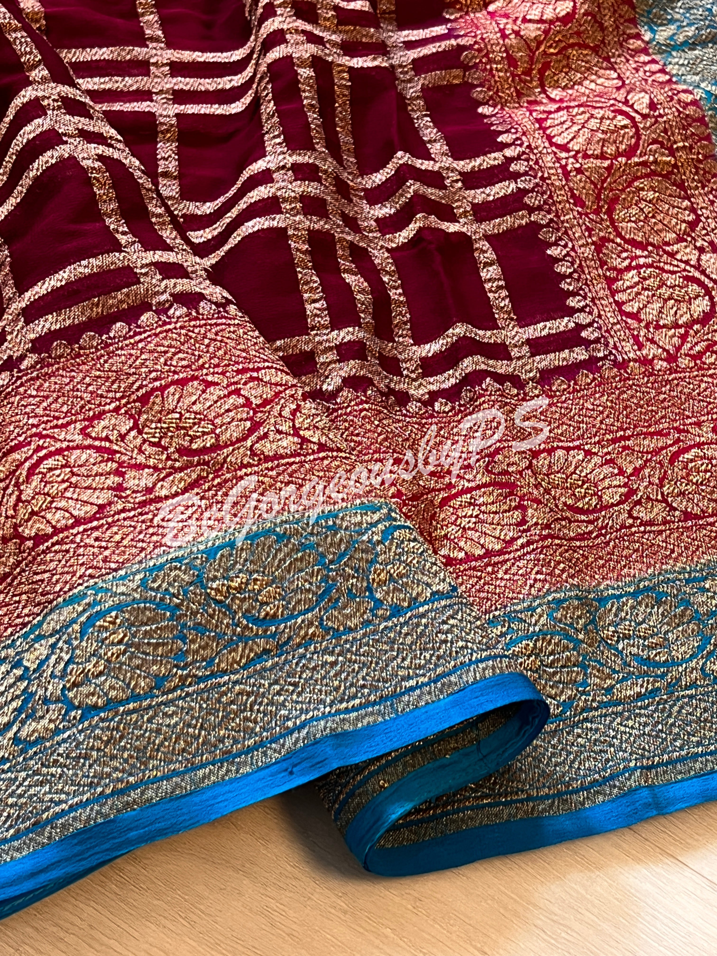 Banarasi Khaddi georgette silk with antique zari and stitched blouse - wine