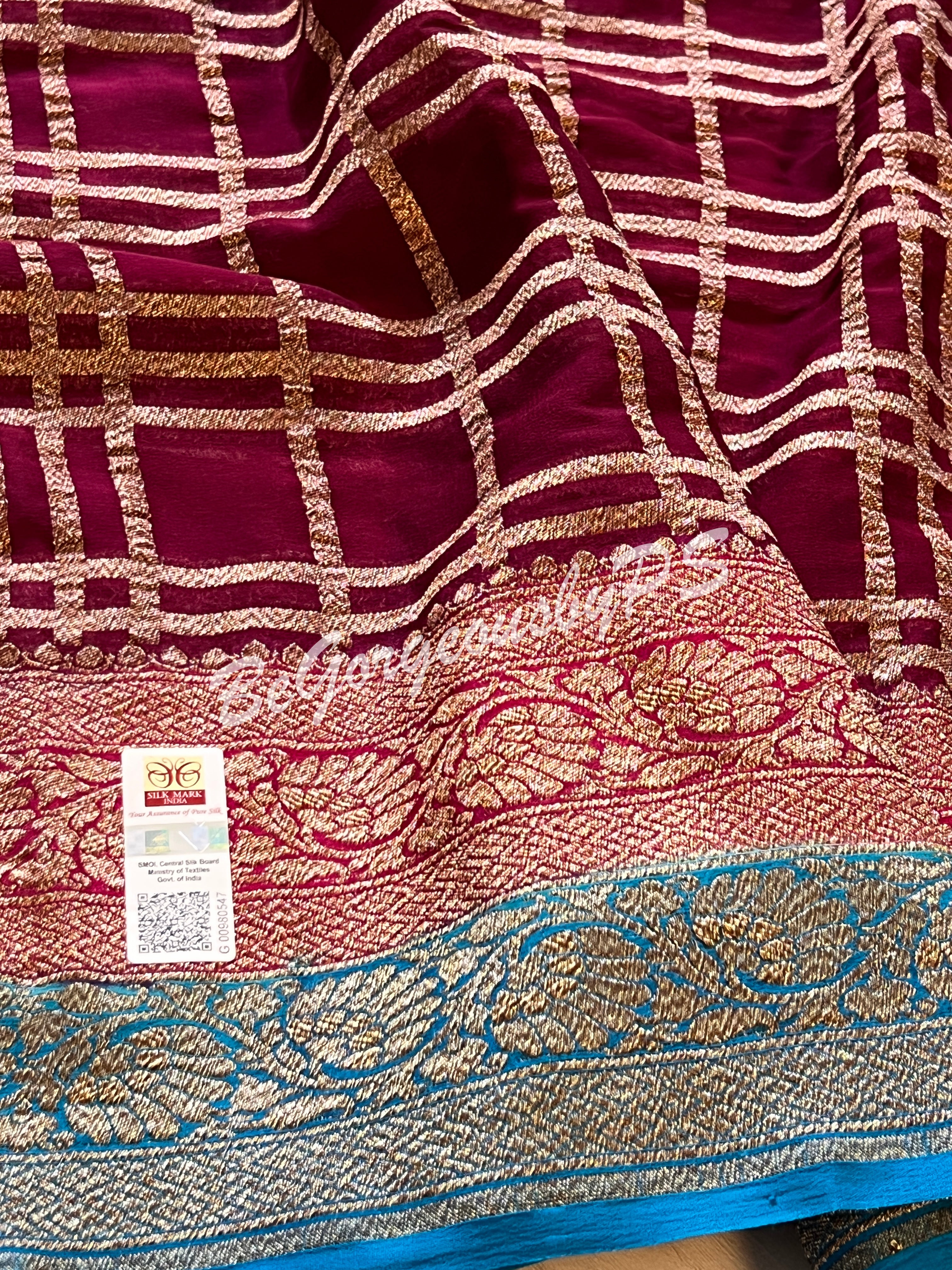 Banarasi Khaddi georgette silk with antique zari and stitched blouse - wine