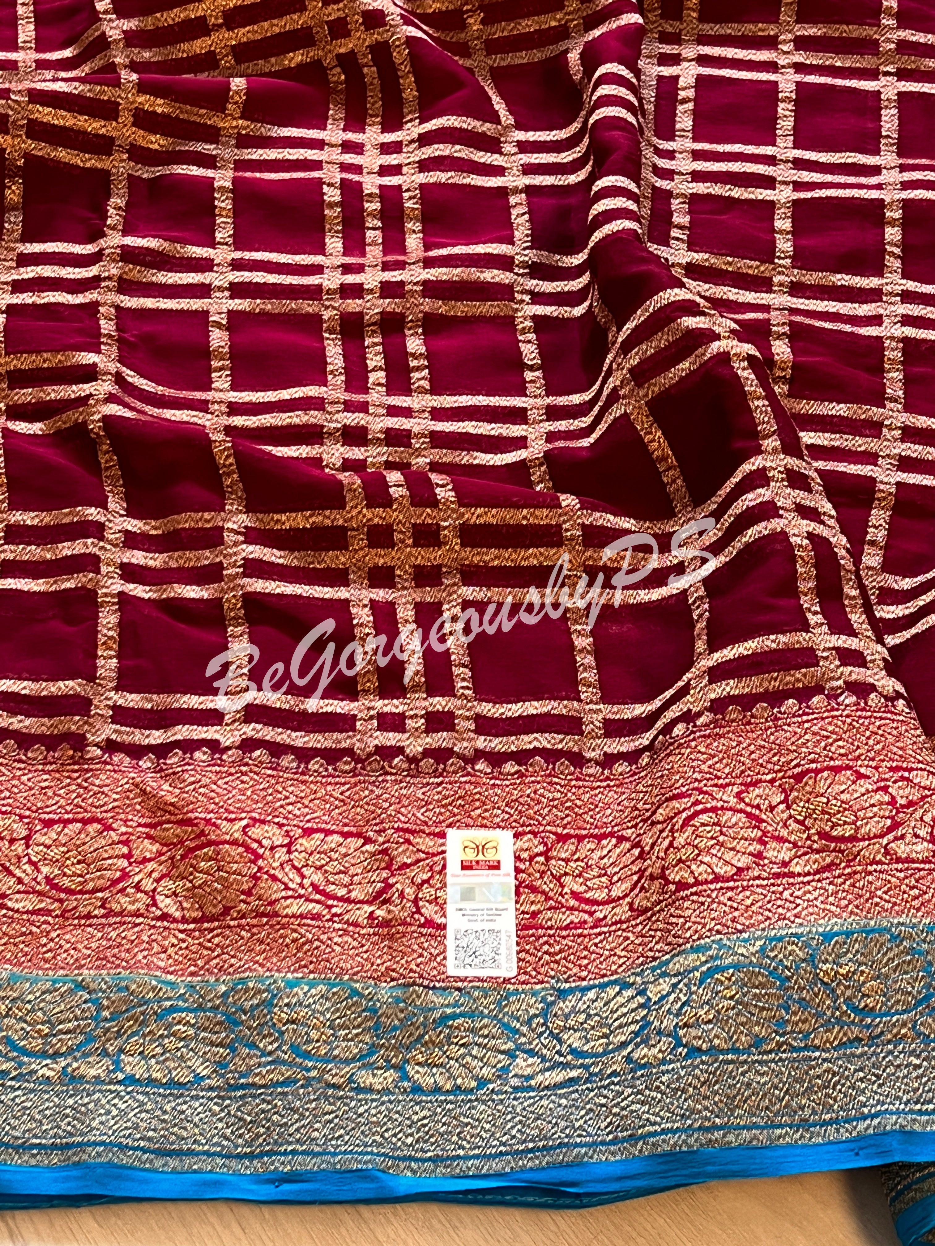 Banarasi Khaddi georgette silk with antique zari and stitched blouse - wine