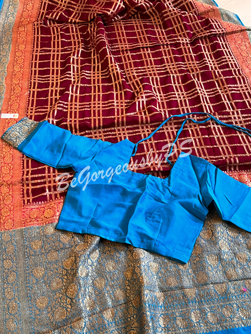 Banarasi Khaddi georgette silk with antique zari and stitched blouse - wine