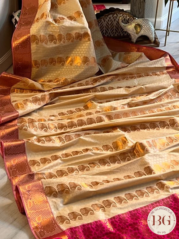 SILK SAREE WITH BODY KODI DESIGN COPPER CREAM WITH PINK BORDER AND PALLU