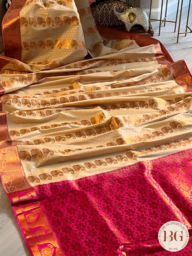 SILK SAREE WITH BODY KODI DESIGN COPPER CREAM WITH PINK BORDER AND PALLU