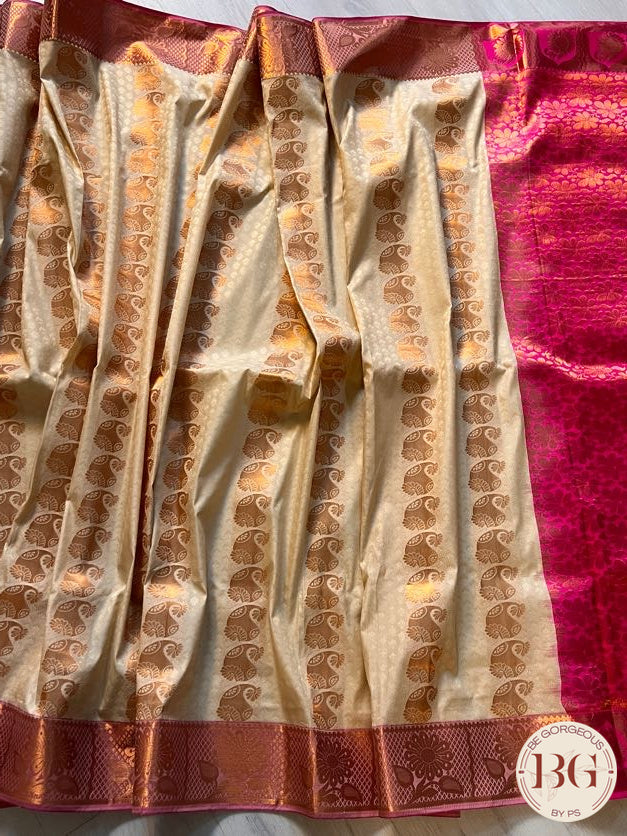 SILK SAREE WITH BODY KODI DESIGN COPPER CREAM WITH PINK BORDER AND PALLU