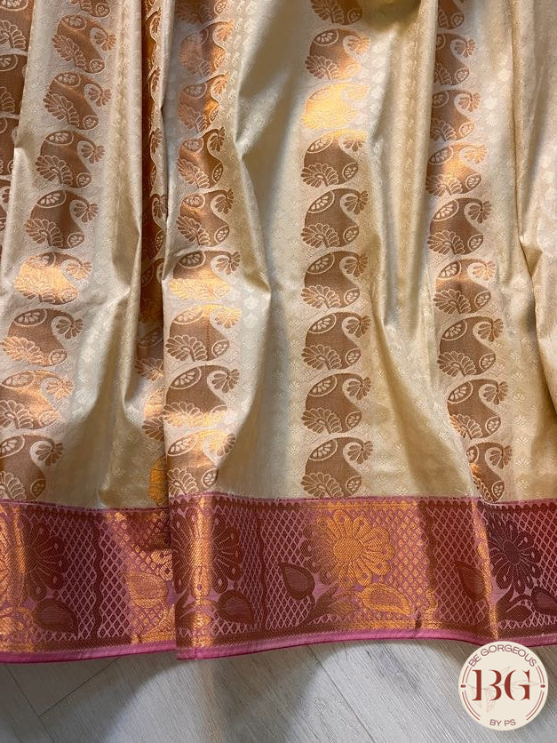 SILK SAREE WITH BODY KODI DESIGN COPPER CREAM WITH PINK BORDER AND PALLU