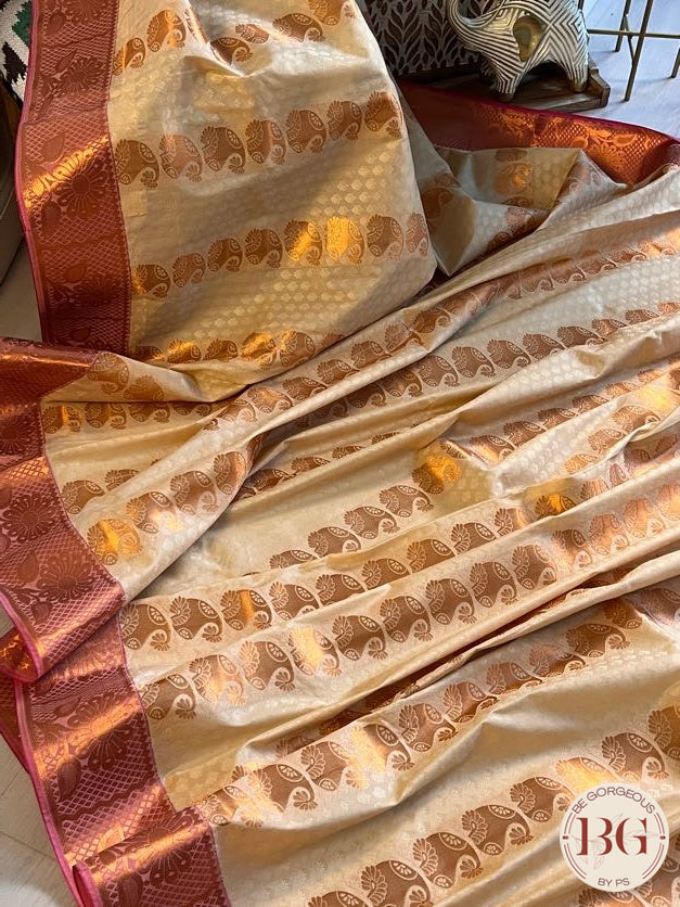 SILK SAREE WITH BODY KODI DESIGN COPPER CREAM WITH PINK BORDER AND PALLU