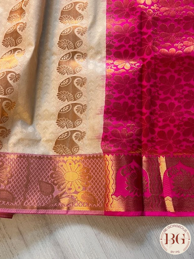 SILK SAREE WITH BODY KODI DESIGN COPPER CREAM WITH PINK BORDER AND PALLU