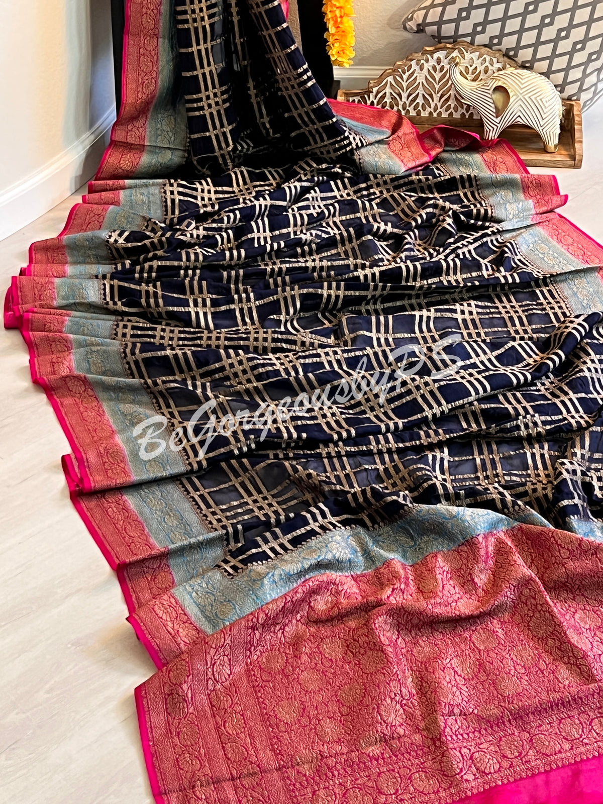 Banarasi Khaddi georgette silk with antique zari and stitched blouse - navy blue