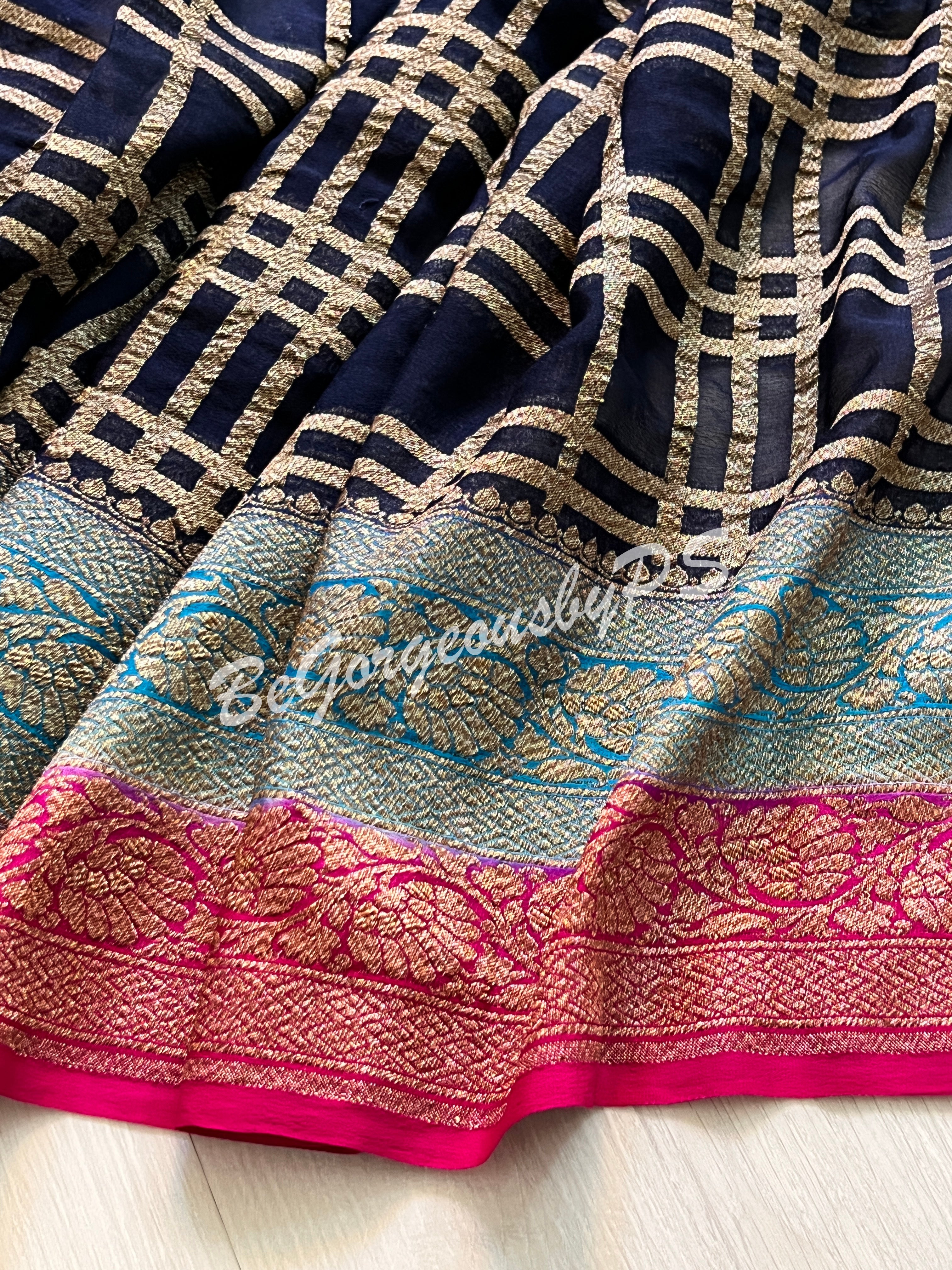 Banarasi Khaddi georgette silk with antique zari and stitched blouse - navy blue