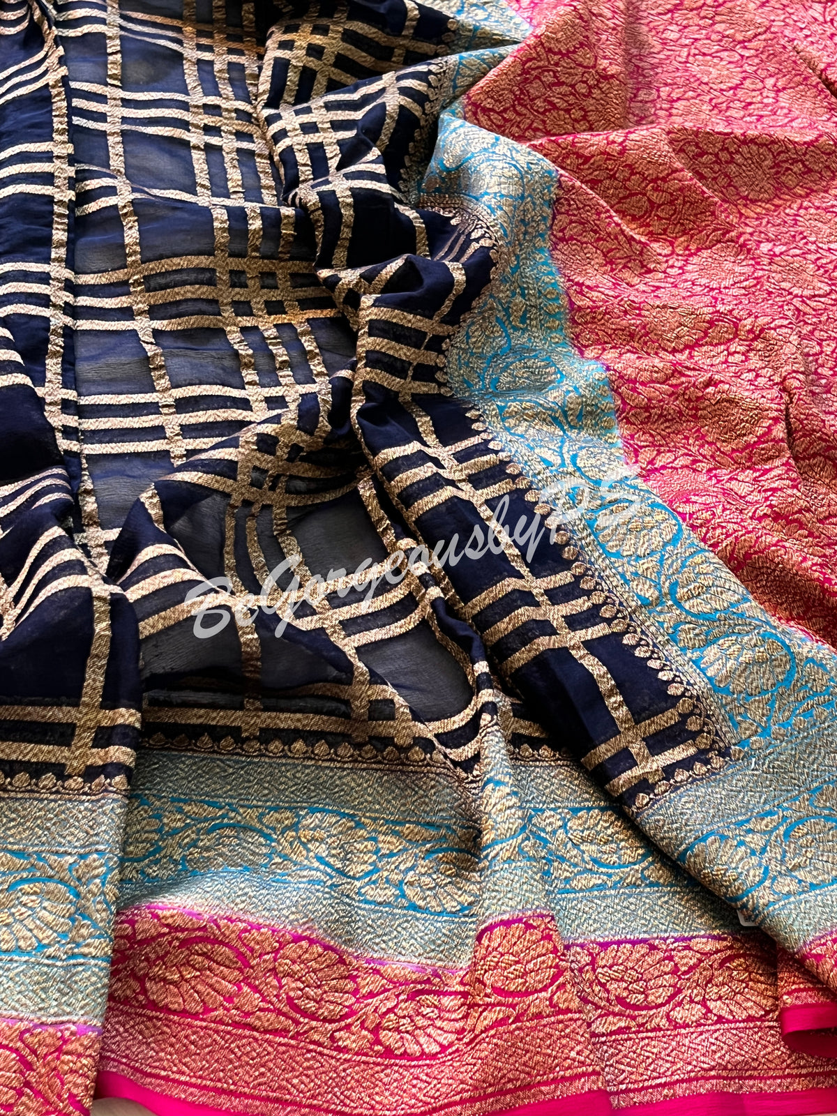 Banarasi Khaddi georgette silk with antique zari and stitched blouse - navy blue
