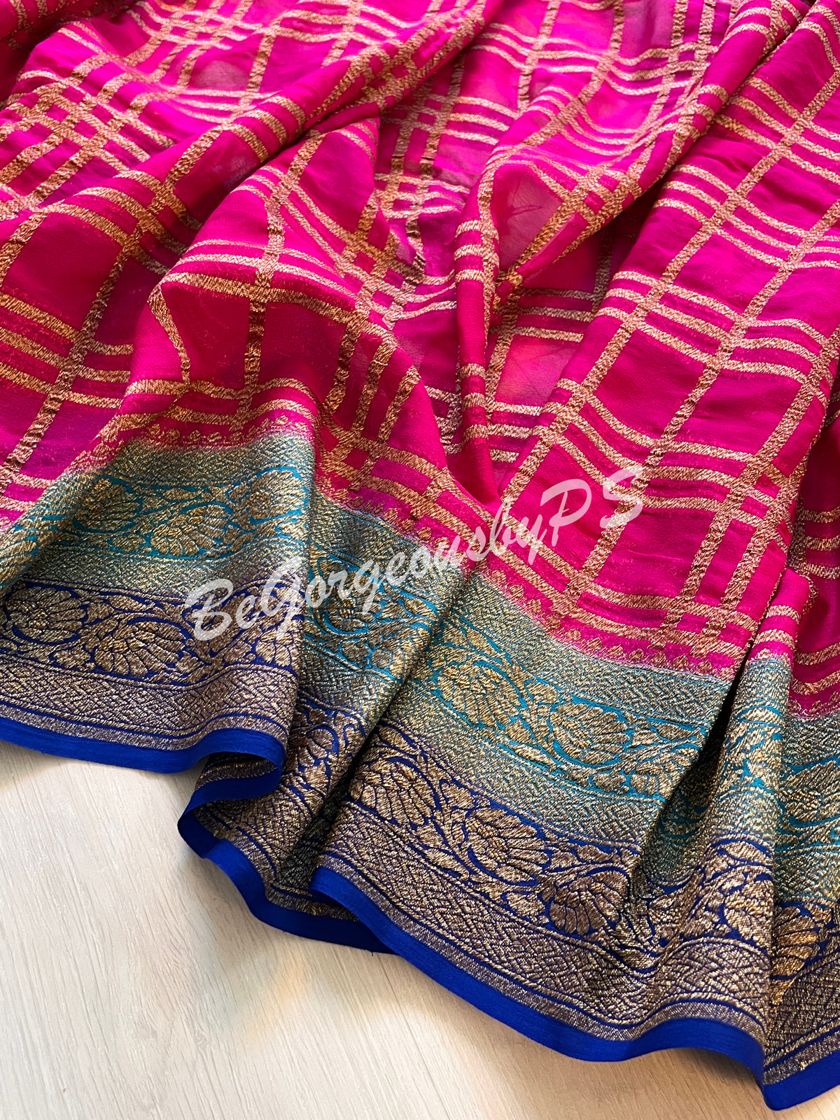 Banarasi Khaddi georgette silk with antique zari and stitched blouse - pink