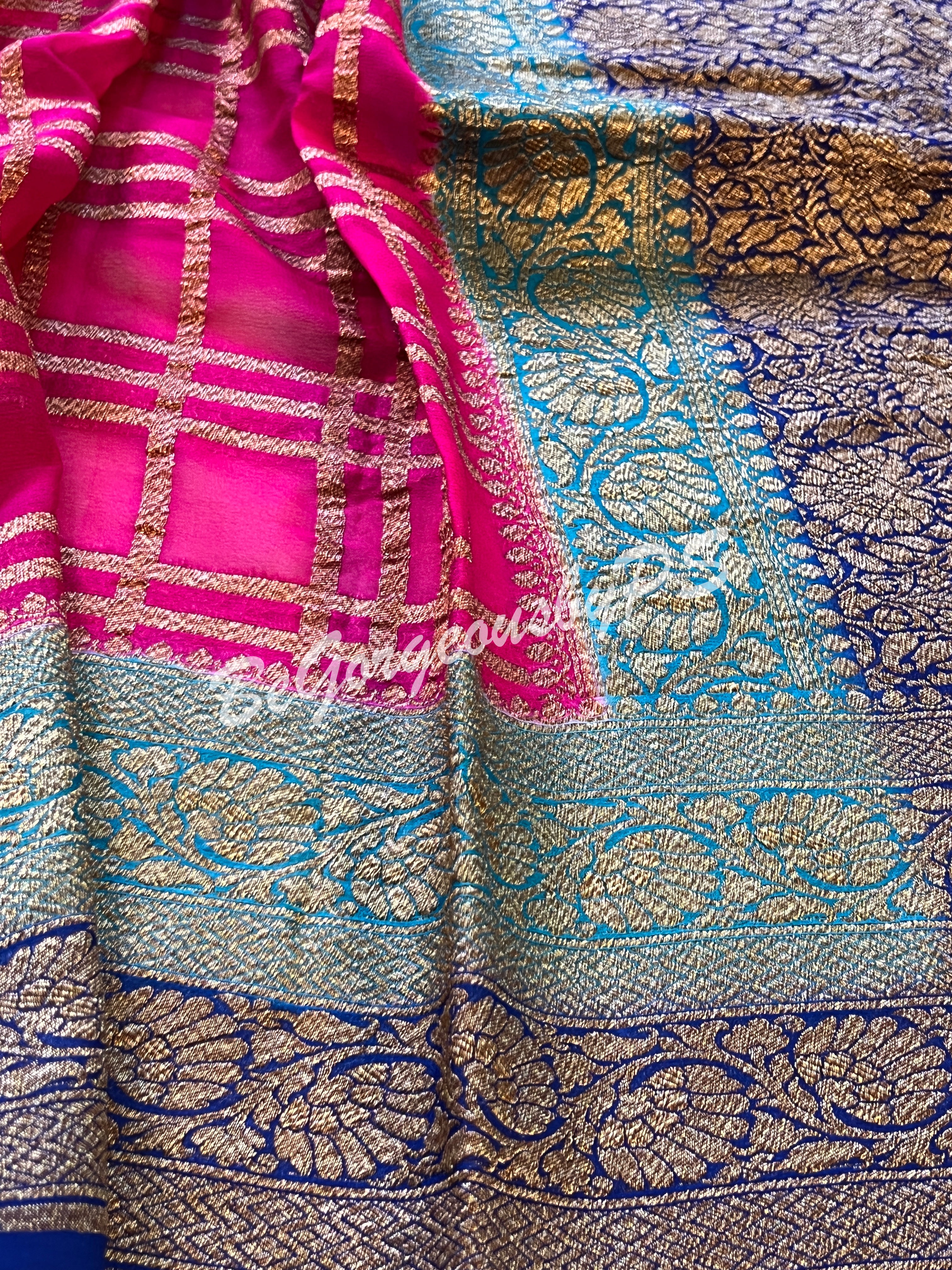 Banarasi Khaddi georgette silk with antique zari and stitched blouse - pink