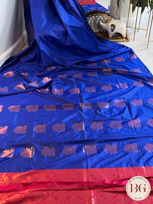 SOFT SILK SAREE Blue with Red Pallu