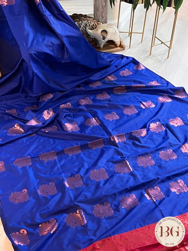 SOFT SILK SAREE Blue with Red Pallu