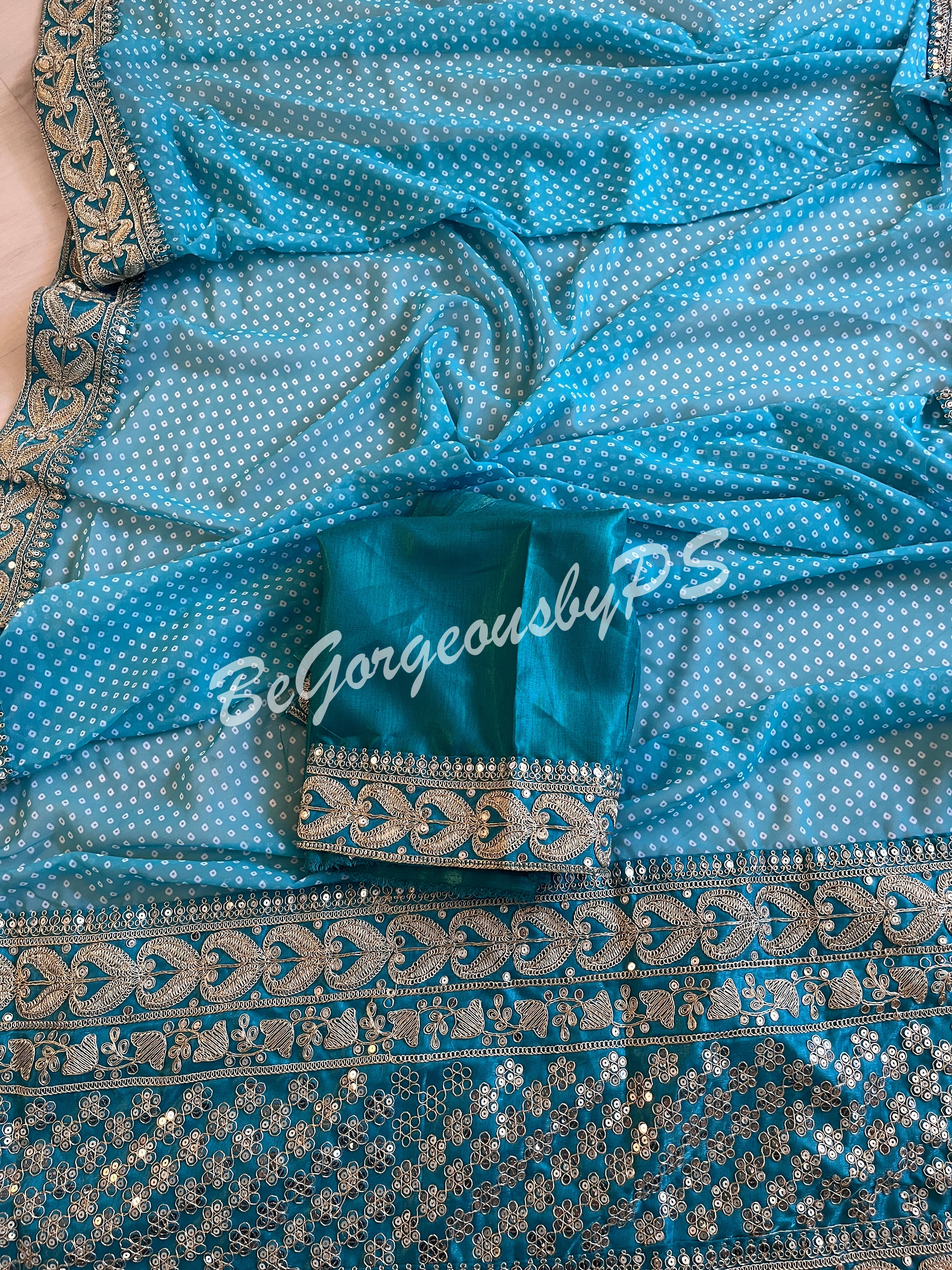 BANDHEJ PRINTED GEORGETTE KATDANA BORDER - Blue