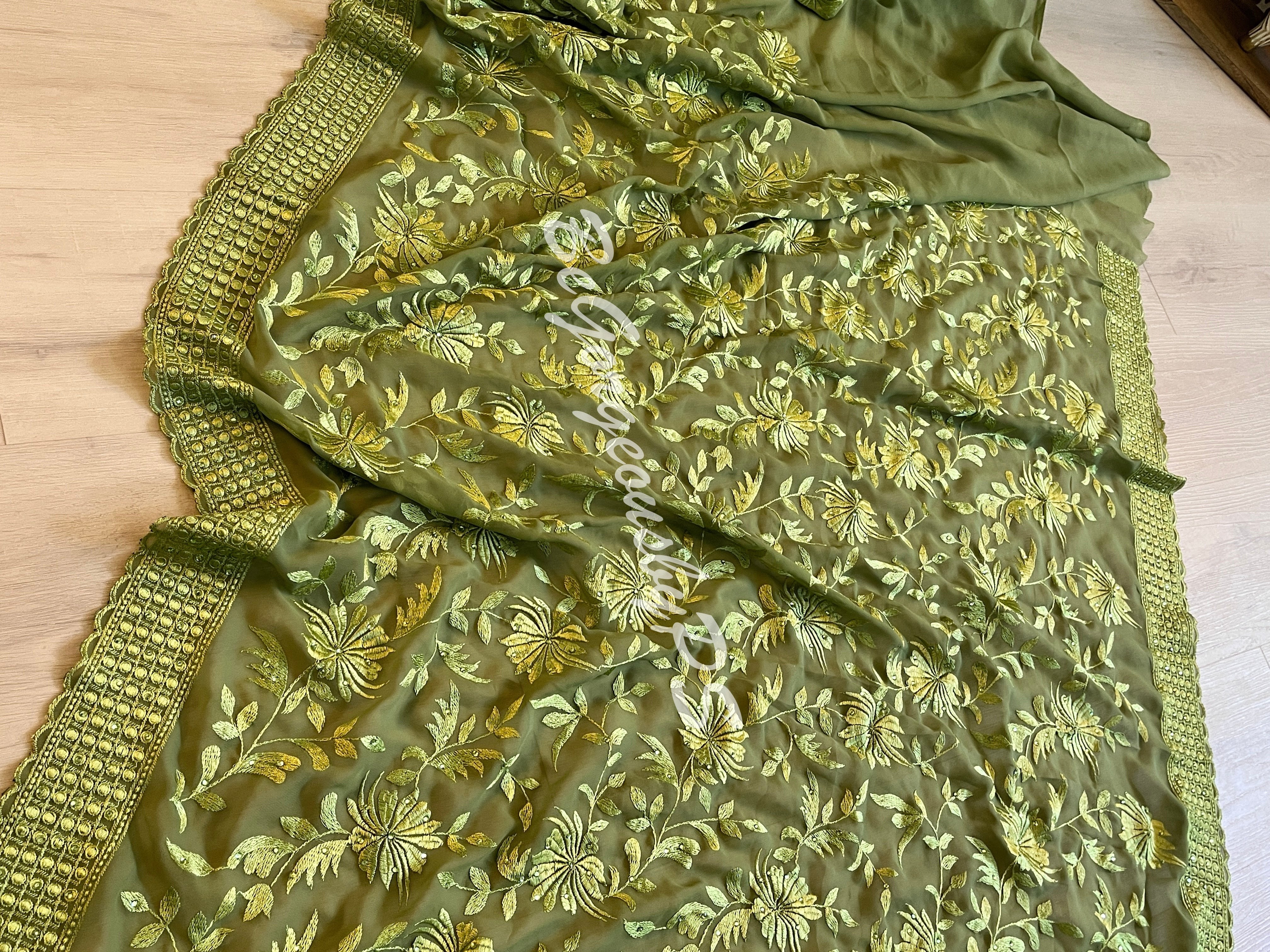 EMBROIDERY GEORGETTE PISTA GREEN Saree