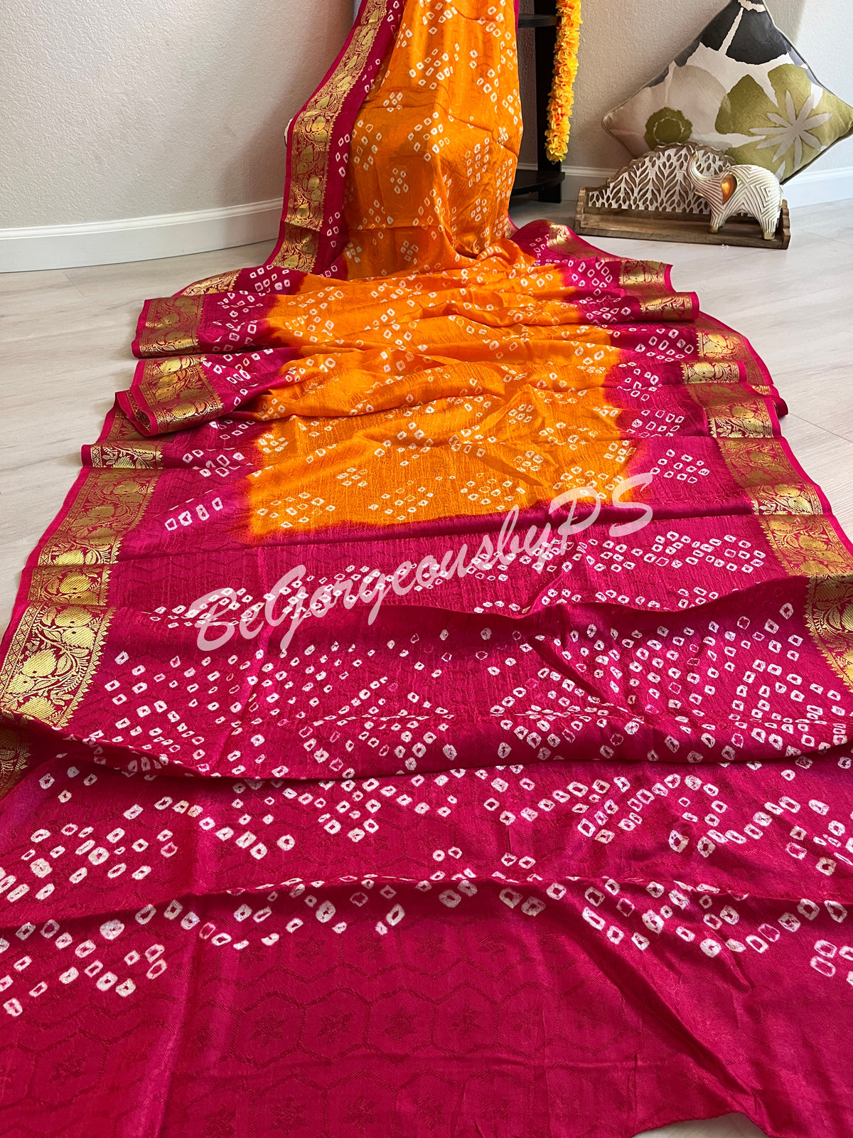 BANDHEJ PRINTED SOFT SILK SAREE ORANGE PINK