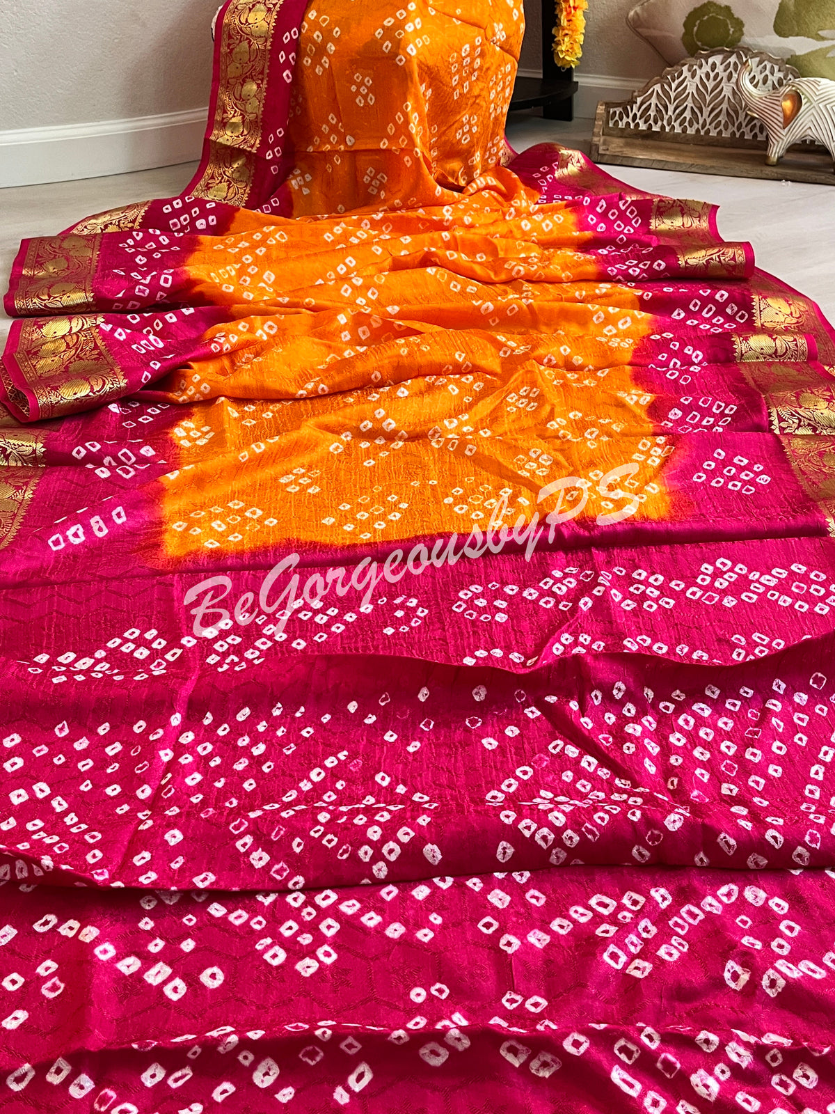 BANDHEJ PRINTED SOFT SILK SAREE ORANGE PINK