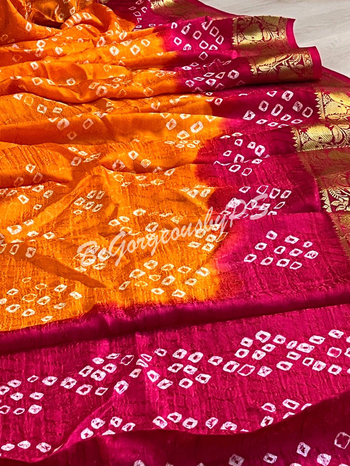 BANDHEJ PRINTED SOFT SILK SAREE ORANGE PINK