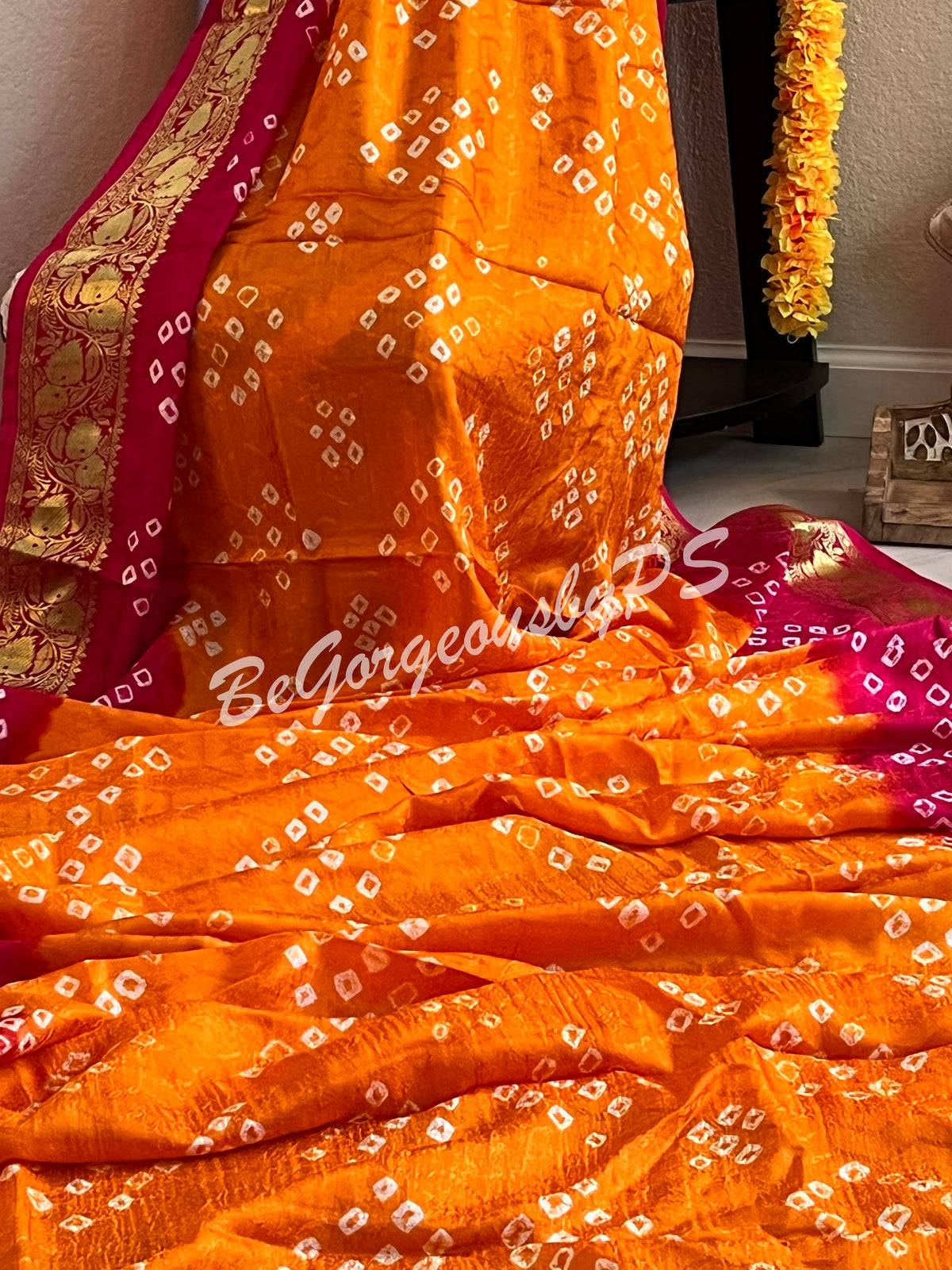 BANDHEJ PRINTED SOFT SILK SAREE ORANGE PINK