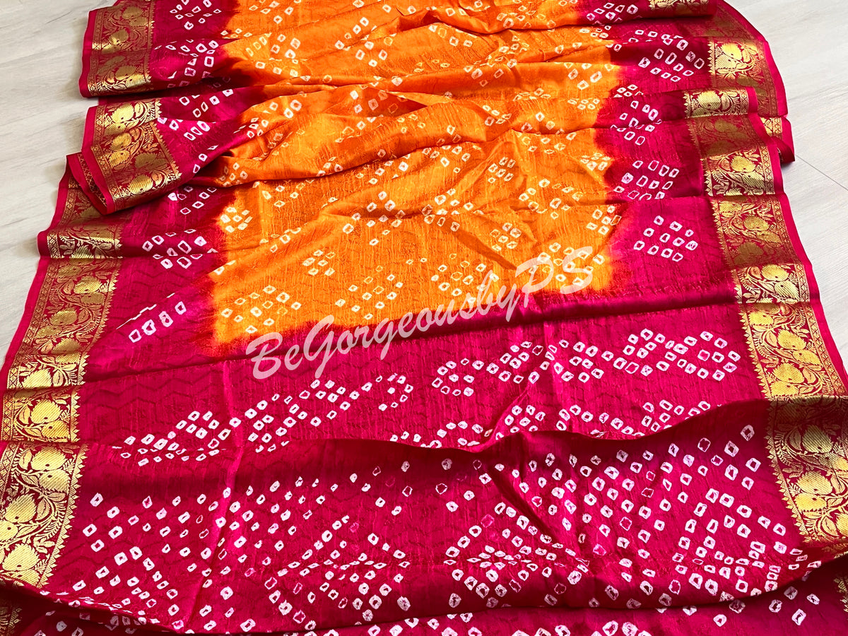 BANDHEJ PRINTED SOFT SILK SAREE ORANGE PINK