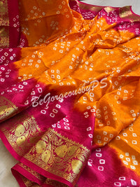 BANDHEJ PRINTED SOFT SILK SAREE ORANGE PINK