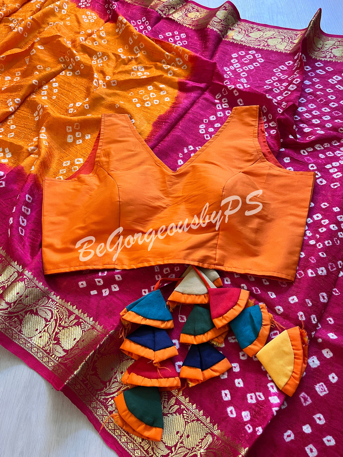 BANDHEJ PRINTED SOFT SILK SAREE ORANGE PINK