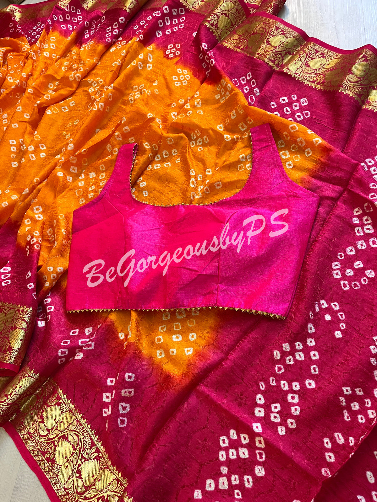 BANDHEJ PRINTED SOFT SILK SAREE ORANGE PINK