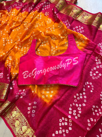 BANDHEJ PRINTED SOFT SILK SAREE ORANGE PINK