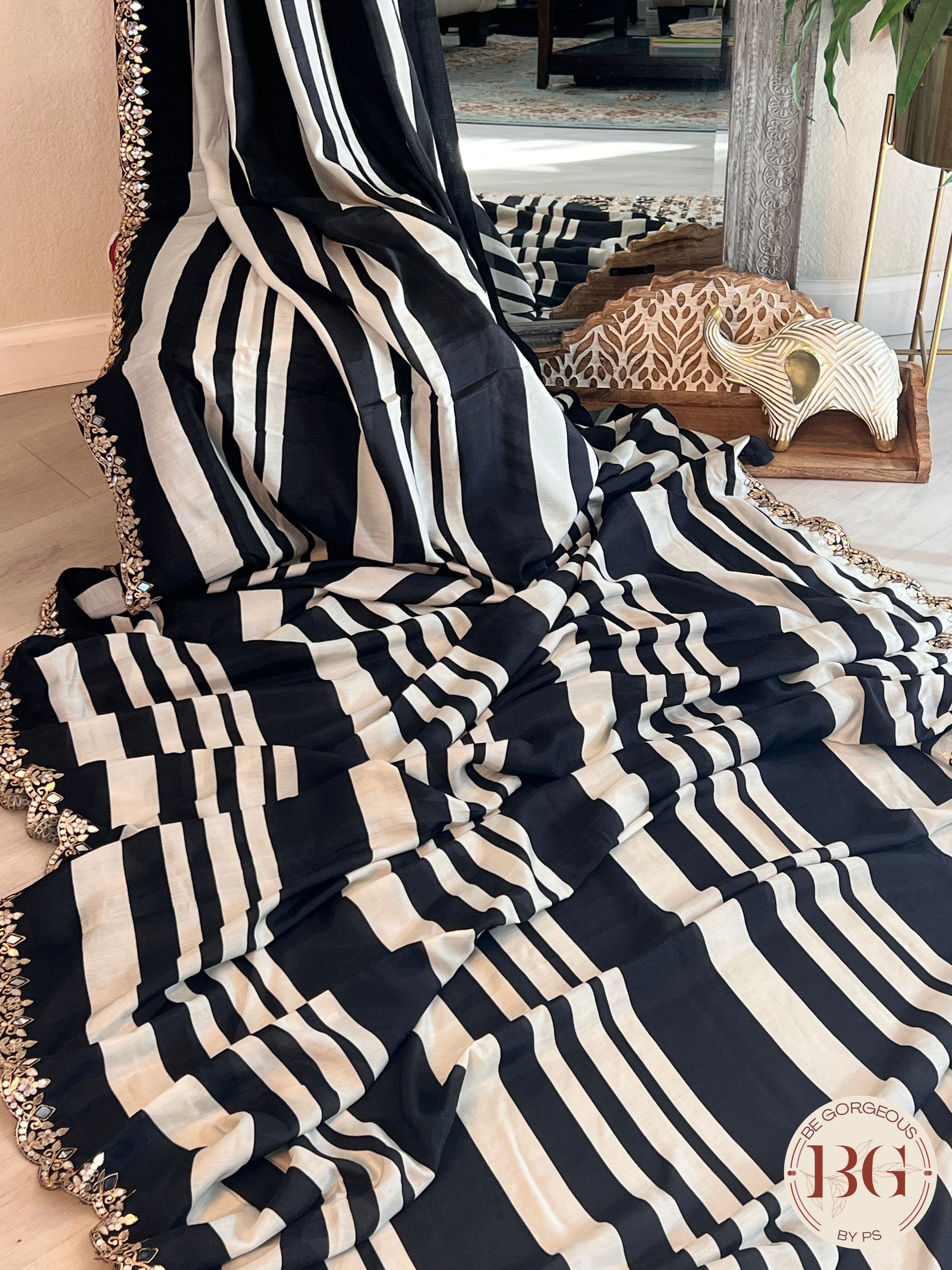 Printed Munga Silk Black Stripes